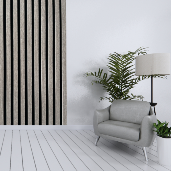 Decorative grey oak wall panel in living area