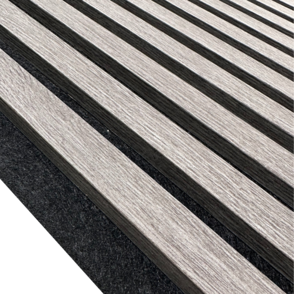 Grey oak wall panel with black felt backing for acoustic purposes