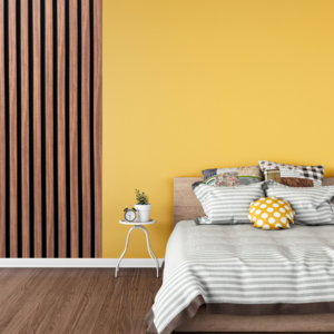 Bedroom with brown oak decorative wall panel