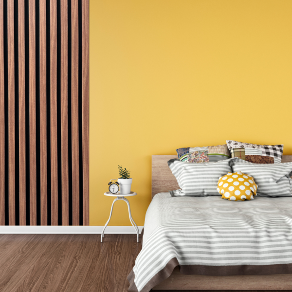 Bedroom with brown oak decorative wall panel