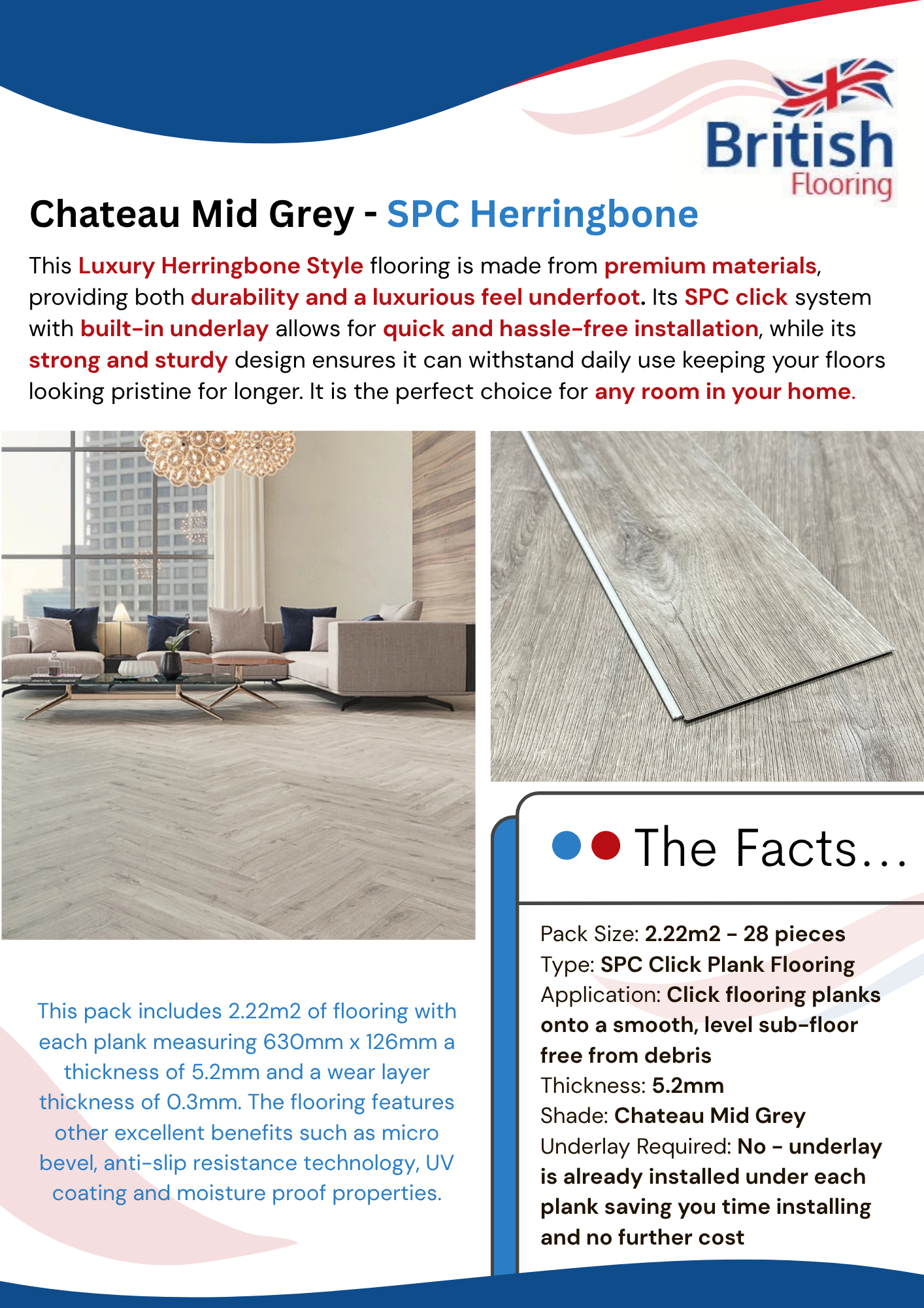 Chateau Mid Grey - SPC Herringbone - BF Chateau Mid Grey Herringbone Flooring Spec Sheet