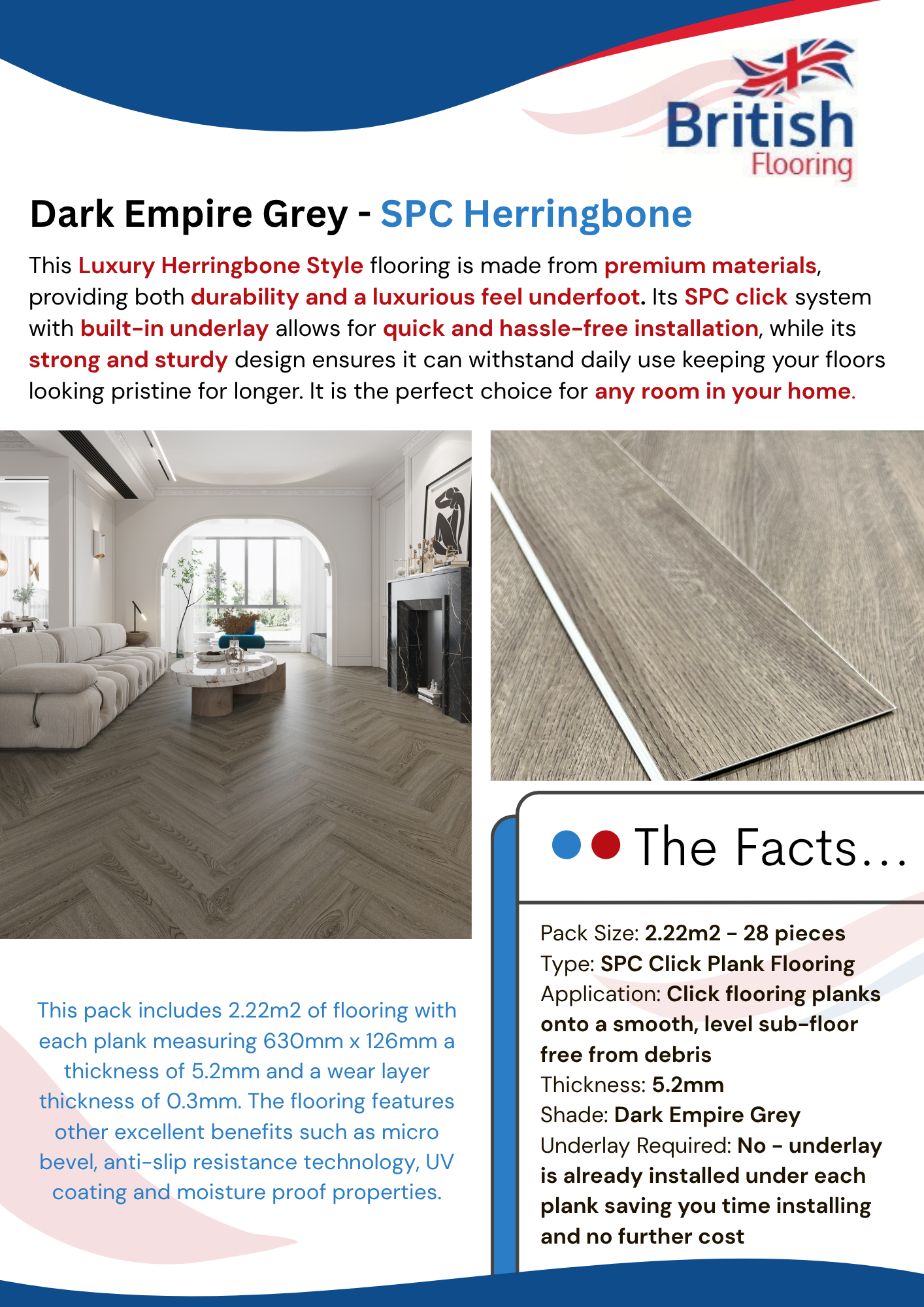 Dark Empire Grey - SPC Herringbone Dark Grey Luxury SPC Herringbone Flooring Spec Sheet