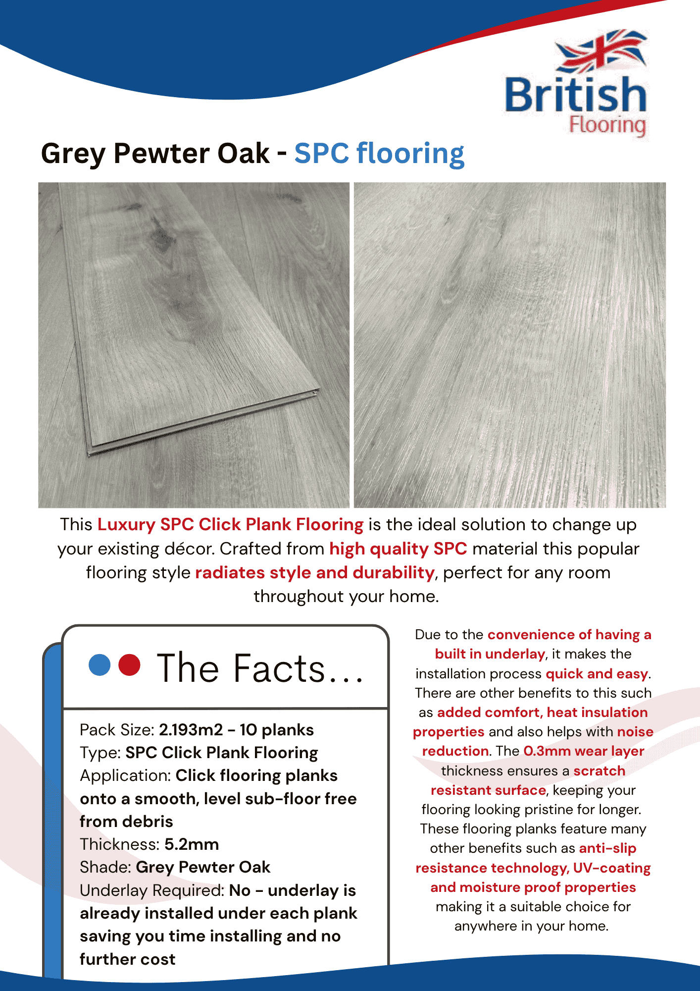 SPC Flooring in Grey Pewter Oak Information Sheet SPC Flooring in Grey Pewter Oak Spec Sheet